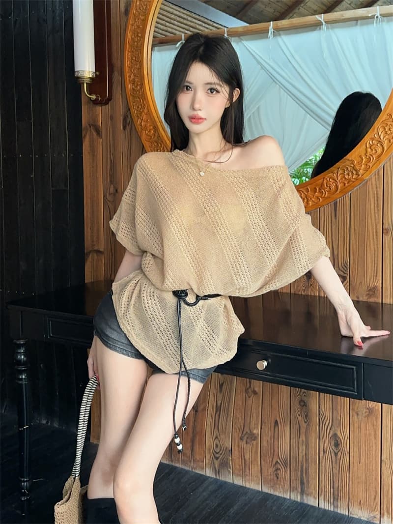 실사 홀로우 아웃 프랑스식 비스듬한 어깨 오프숄더 디자인 센스 불규칙 배트윙 소매 켜기 벨트 벨트 상세 이미지 11