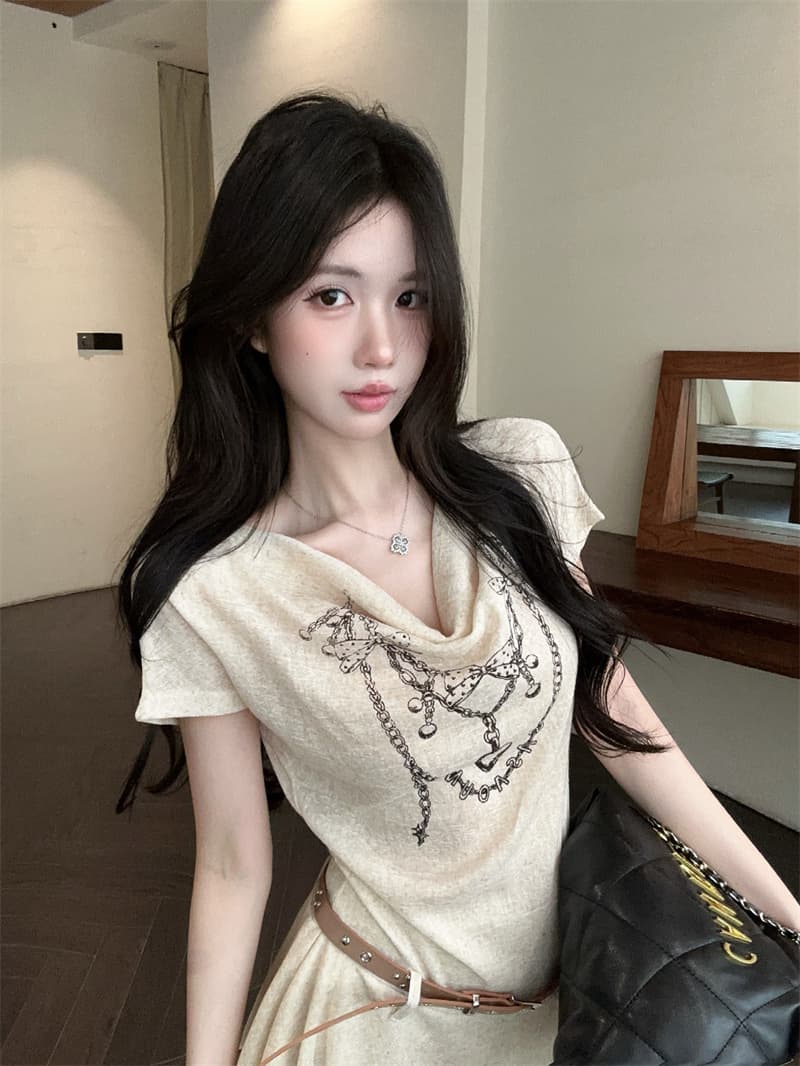 실사 핫걸 비스듬한 어깨 흔들다 칼라 프린트 허리 수축 불규칙 점프 슈트 치마 벨트 상세 이미지 5