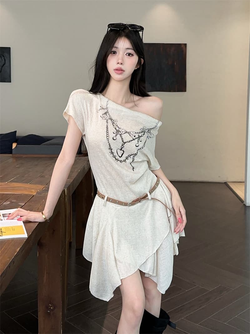 실사 핫걸 비스듬한 어깨 흔들다 칼라 프린트 허리 수축 불규칙 점프 슈트 치마 벨트 상세 이미지 6