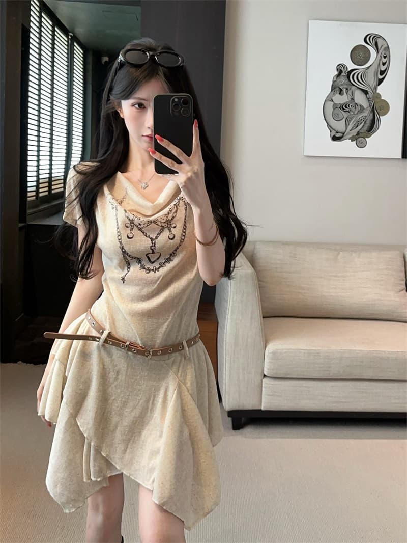 실사 핫걸 비스듬한 어깨 흔들다 칼라 프린트 허리 수축 불규칙 점프 슈트 치마 벨트 상세 이미지 14