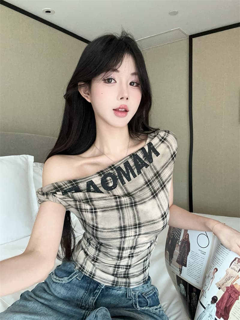 실사 레트로 체크무늬 오프숄더 불규칙 민소매 핫걸 비스듬한 어깨 의류 상세 이미지 2