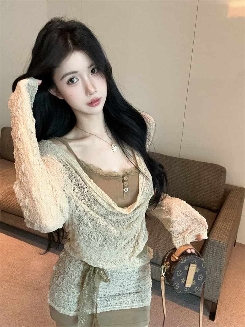 실사 분위기 센스 레이스 흔들다 칼라 블라우스 슬립 타이트 스커트 드레스 투피스 세트 상세 이미지 7