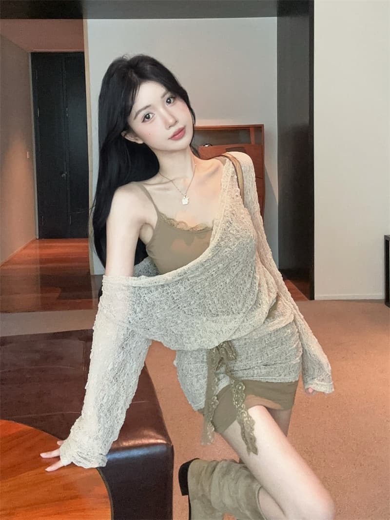 실사 분위기 센스 레이스 흔들다 칼라 블라우스 슬립 타이트 스커트 드레스 투피스 세트 상세 이미지 8