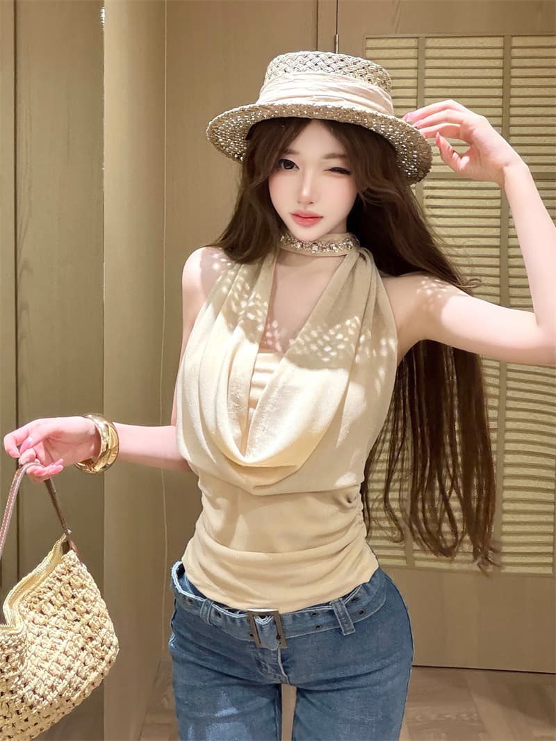 실사 심장 기계 핫걸 행침 목 흔들다 칼라 다이아몬드 세팅 조끼 오프숄더 슬립 맨위 이미지 4