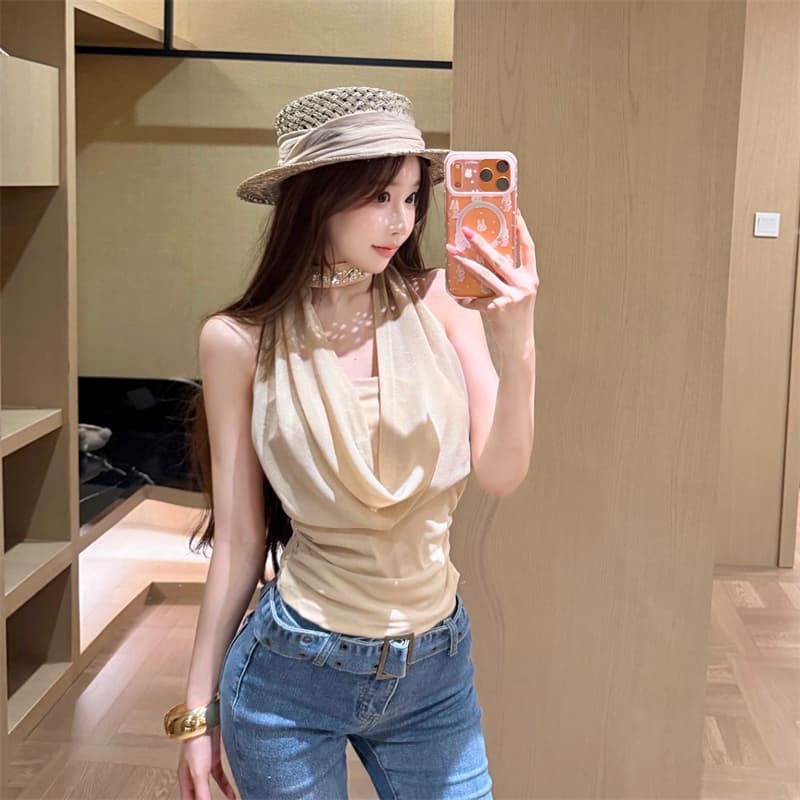 실사 심장 기계 핫걸 행침 목 흔들다 칼라 다이아몬드 세팅 조끼 오프숄더 슬립 맨위 상세 이미지 7