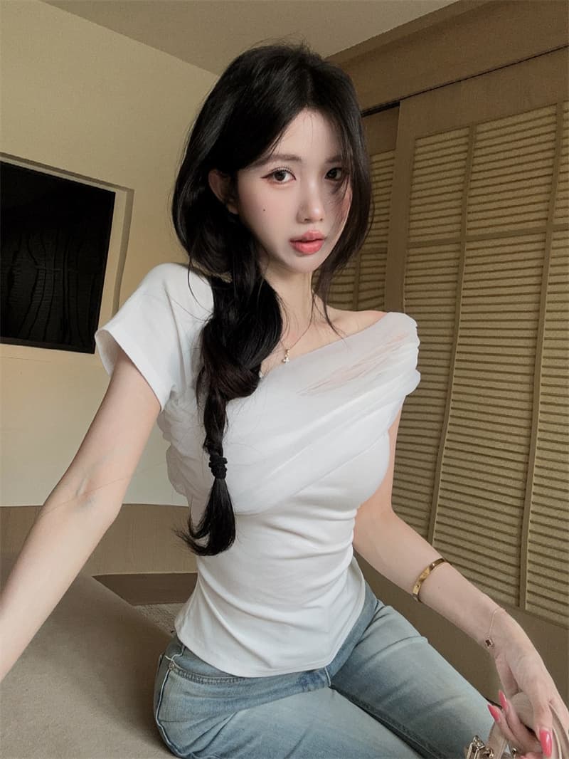실사 한 부서 망사 패치워크 디자인 센스 비스듬한 어깨 주름 오프숄더 반팔 맨위 상세 이미지 7