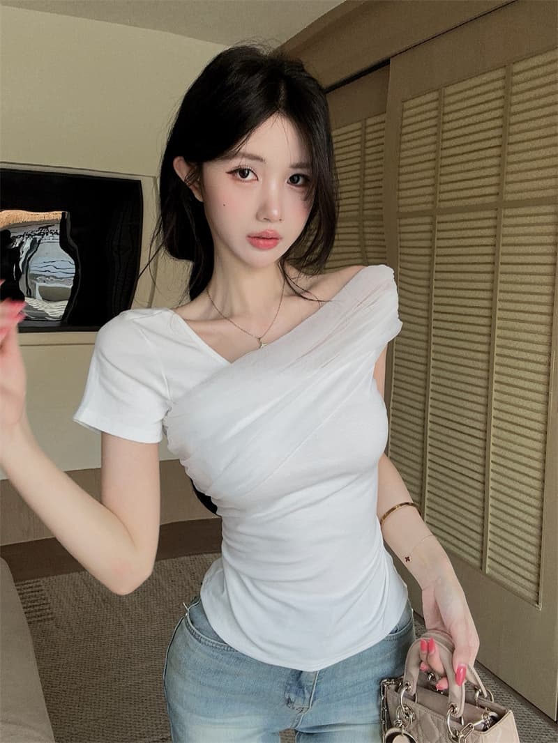 실사 한 부서 망사 패치워크 디자인 센스 비스듬한 어깨 주름 오프숄더 반팔 맨위 상세 이미지 11
