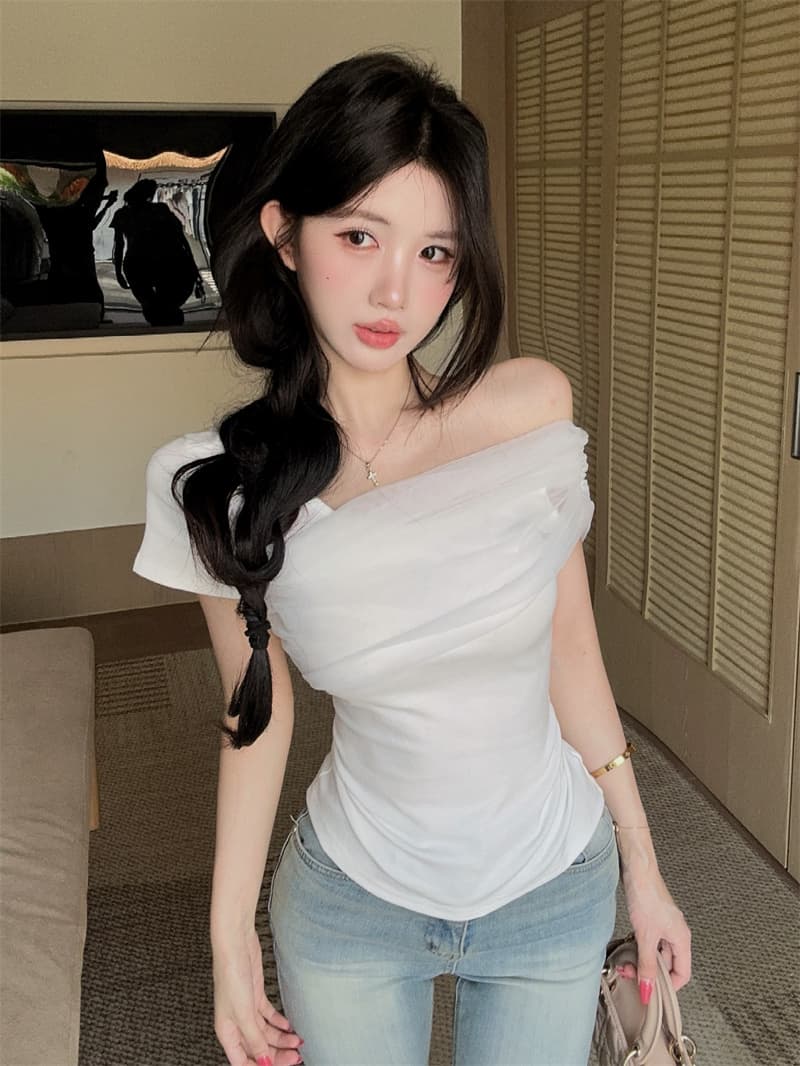 실사 한 부서 망사 패치워크 디자인 센스 비스듬한 어깨 주름 오프숄더 반팔 맨위 상세 이미지 12