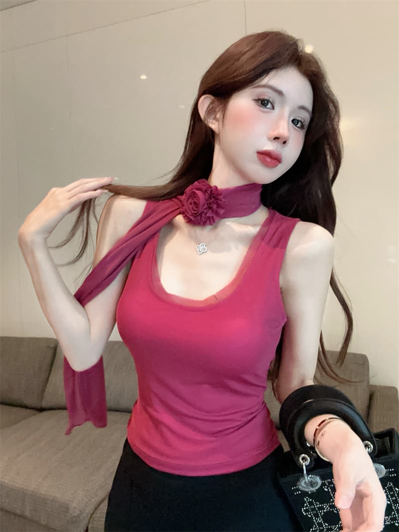 실사 순수한 욕망 품격 망사 목도리 꽃 섹시함 몸매 가꾸기 슬림해 보이는 조끼 맨위 이미지 3