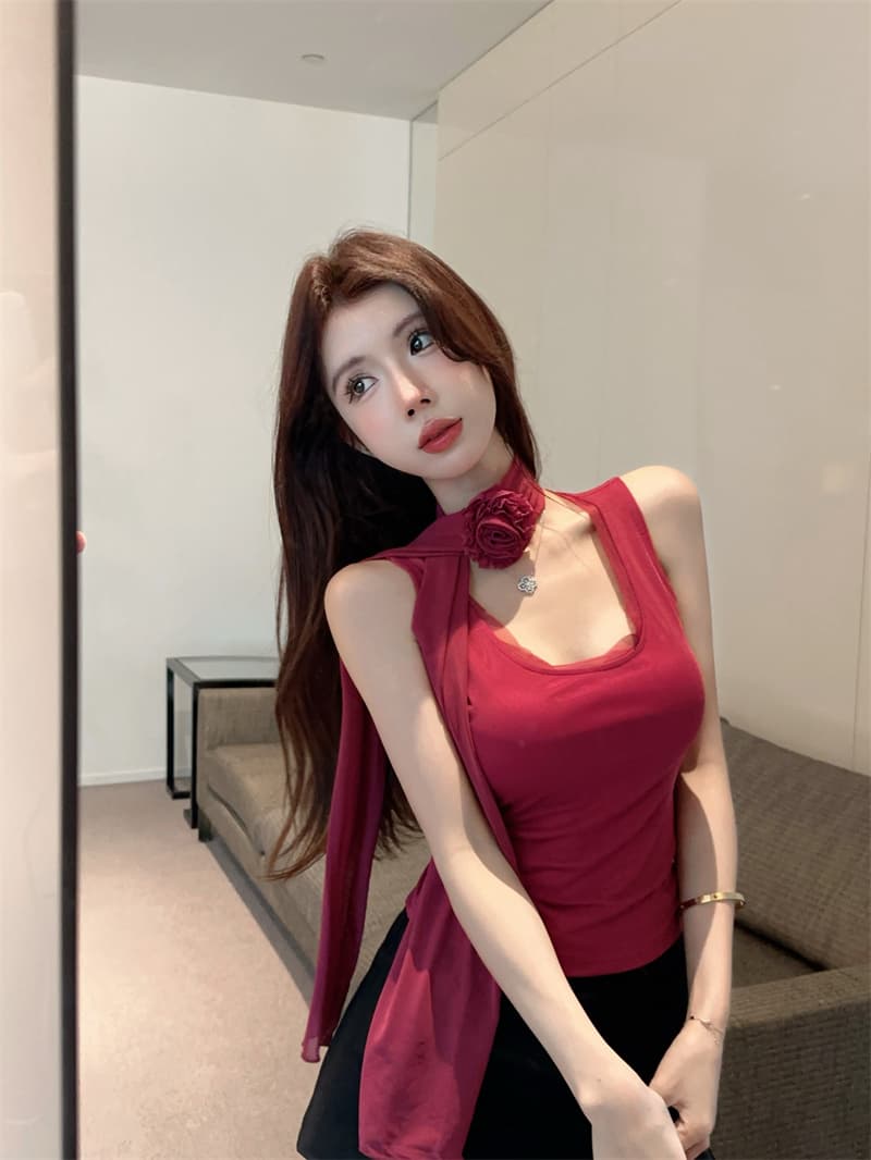 실사 순수한 욕망 품격 망사 목도리 꽃 섹시함 몸매 가꾸기 슬림해 보이는 조끼 맨위 상세 이미지 1