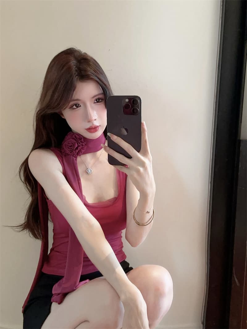 실사 순수한 욕망 품격 망사 목도리 꽃 섹시함 몸매 가꾸기 슬림해 보이는 조끼 맨위 상세 이미지 4