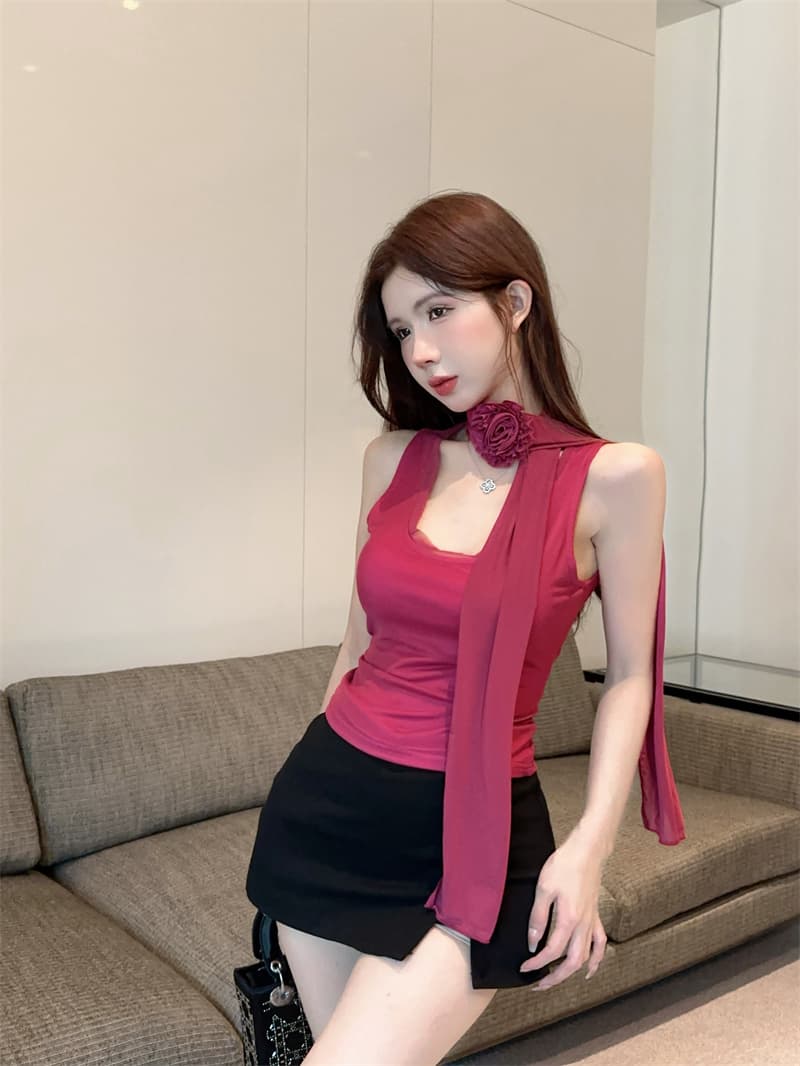 실사 순수한 욕망 품격 망사 목도리 꽃 섹시함 몸매 가꾸기 슬림해 보이는 조끼 맨위 상세 이미지 5