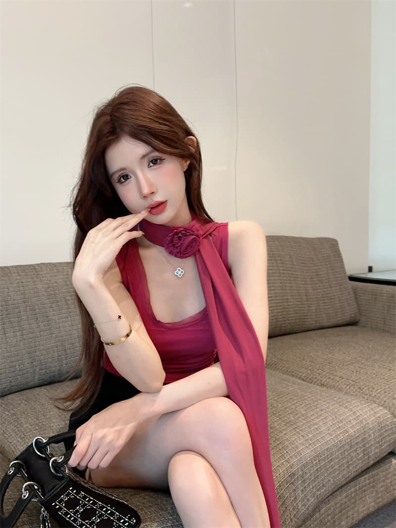 실사 순수한 욕망 품격 망사 목도리 꽃 섹시함 몸매 가꾸기 슬림해 보이는 조끼 맨위 상세 이미지 9