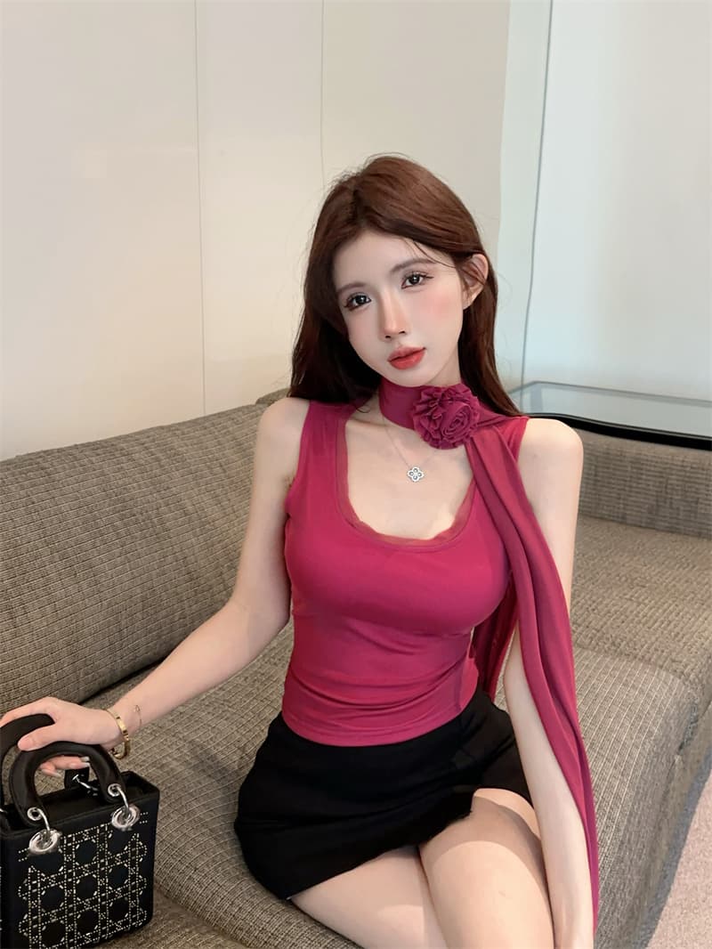 실사 순수한 욕망 품격 망사 목도리 꽃 섹시함 몸매 가꾸기 슬림해 보이는 조끼 맨위 상세 이미지 10