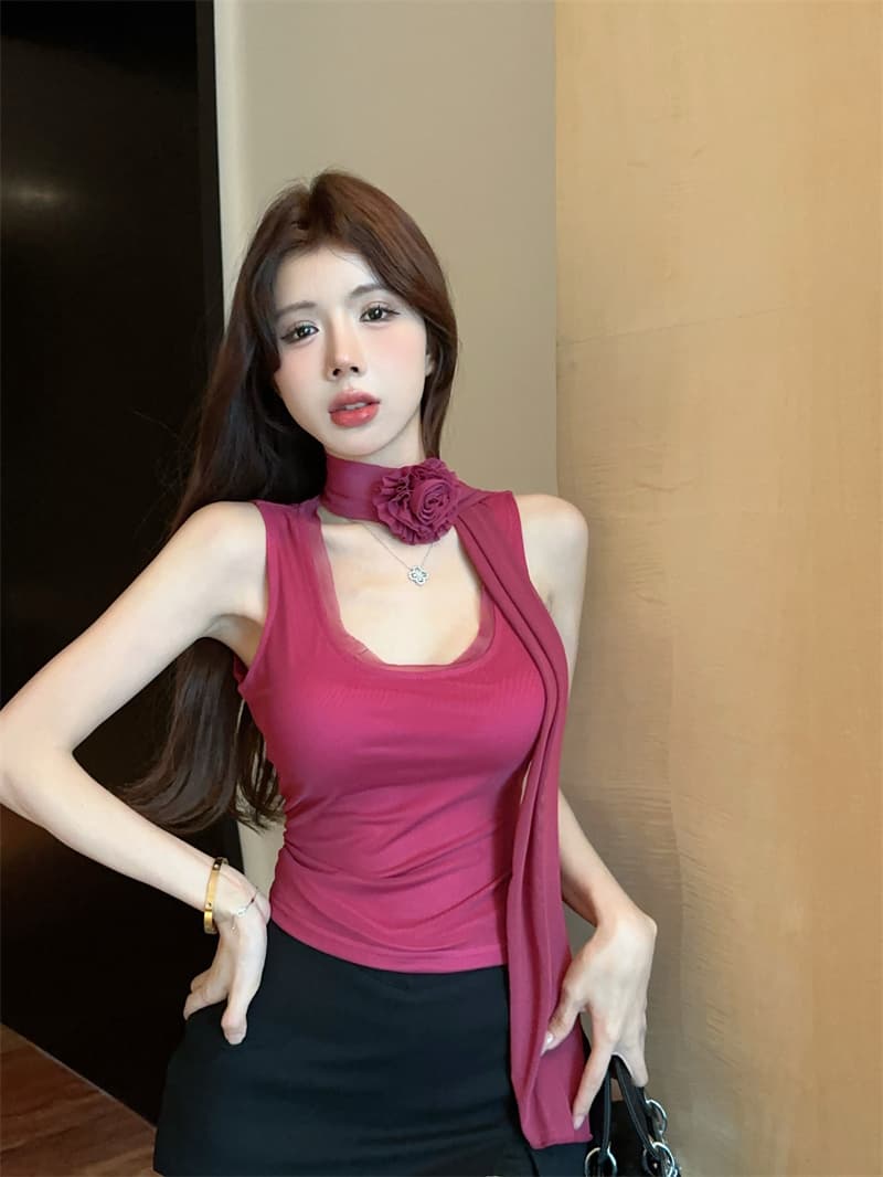 실사 순수한 욕망 품격 망사 목도리 꽃 섹시함 몸매 가꾸기 슬림해 보이는 조끼 맨위 상세 이미지 12