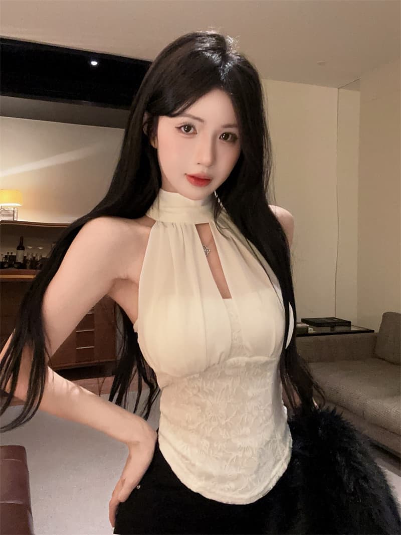 실사 순수한 욕망 화이트 망사 패치워크 스트랩 행침 목 슬립 레이스 핫걸 민소매 맨위 상세 이미지 4