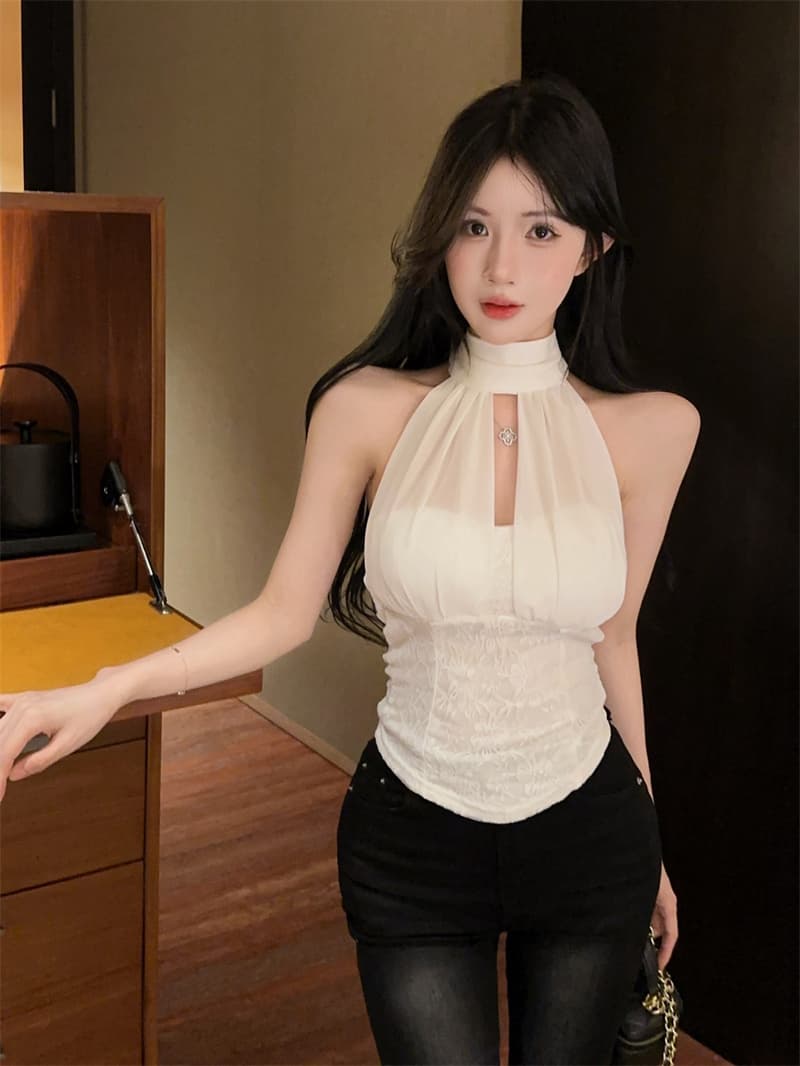 실사 순수한 욕망 화이트 망사 패치워크 스트랩 행침 목 슬립 레이스 핫걸 민소매 맨위 상세 이미지 9