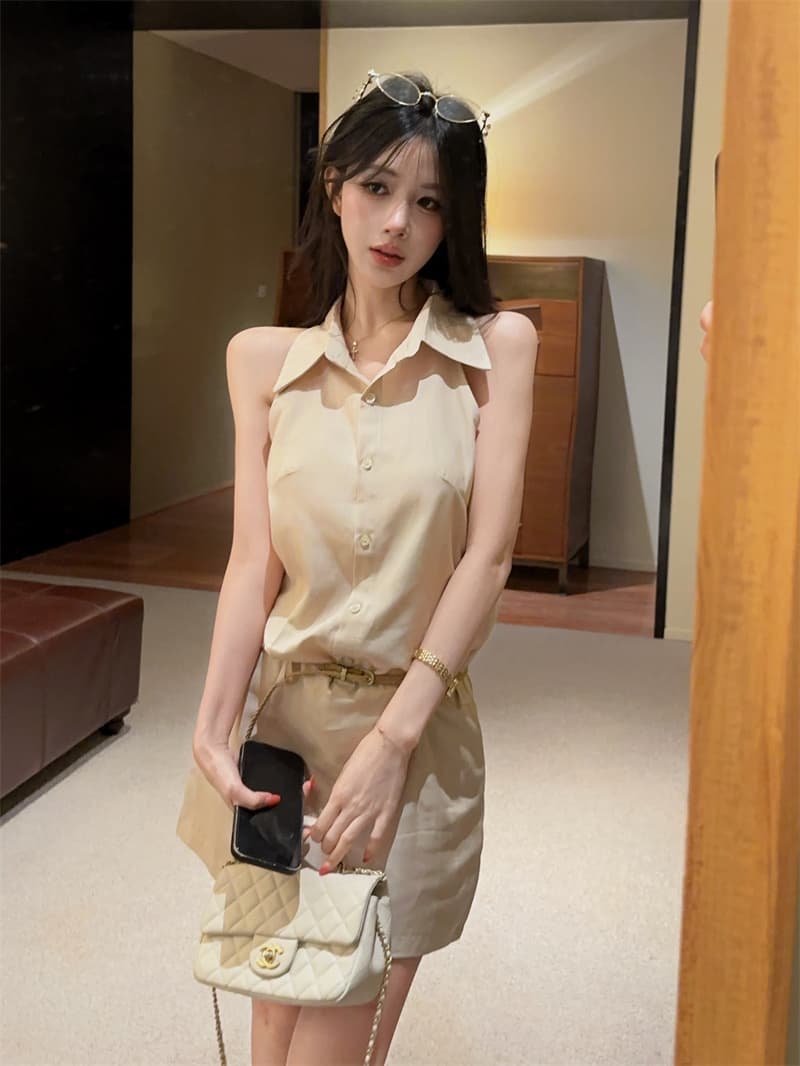 실사 레트로 품격 POLO 칼라 민소매 셔츠 점프 슈트 치마 벨트 상세 이미지 2