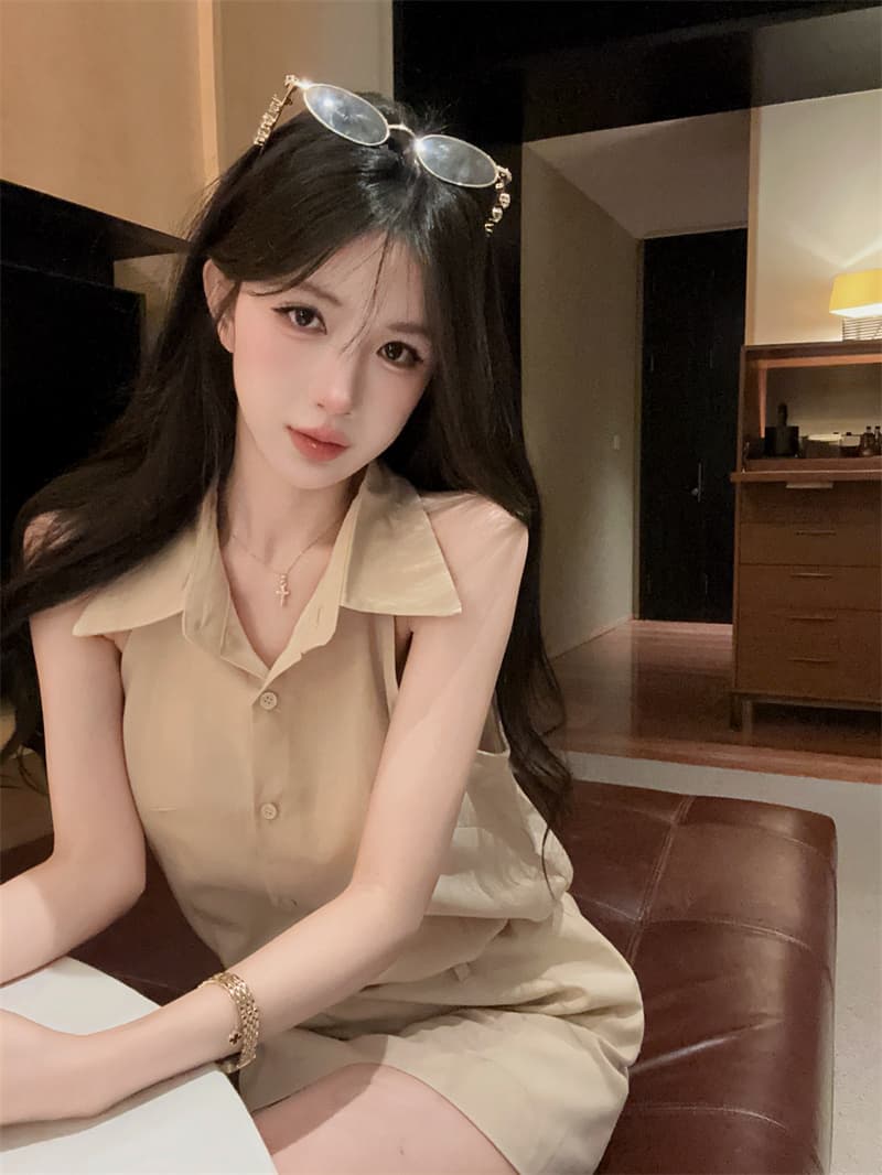 실사 레트로 품격 POLO 칼라 민소매 셔츠 점프 슈트 치마 벨트 상세 이미지 9