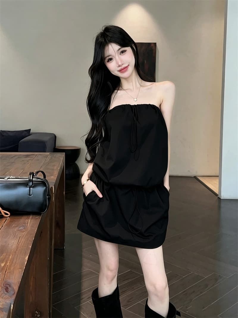 실사 아메리칸 핫걸 워크웨어 튜브탑 허리 수축 펌프 로프 다용도 품격 드레스 상세 이미지 2