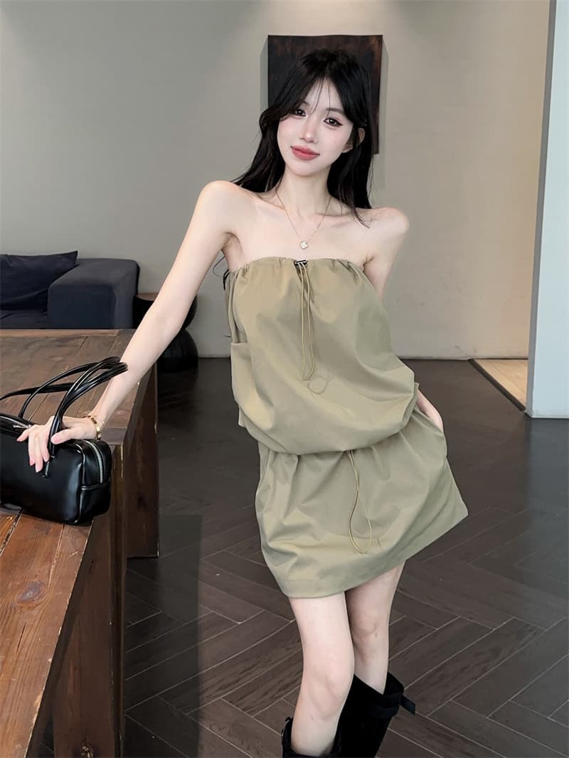 실사 아메리칸 핫걸 워크웨어 튜브탑 허리 수축 펌프 로프 다용도 품격 드레스 상세 이미지 8