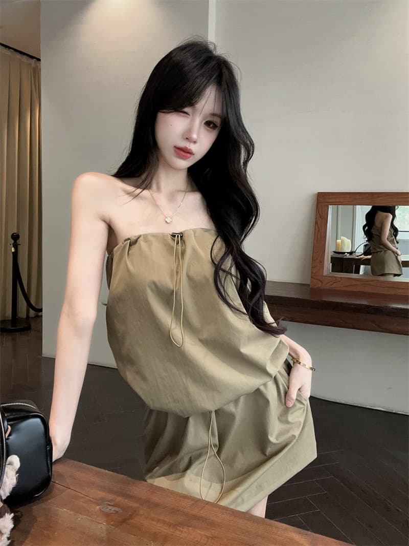 실사 아메리칸 핫걸 워크웨어 튜브탑 허리 수축 펌프 로프 다용도 품격 드레스 상세 이미지 9