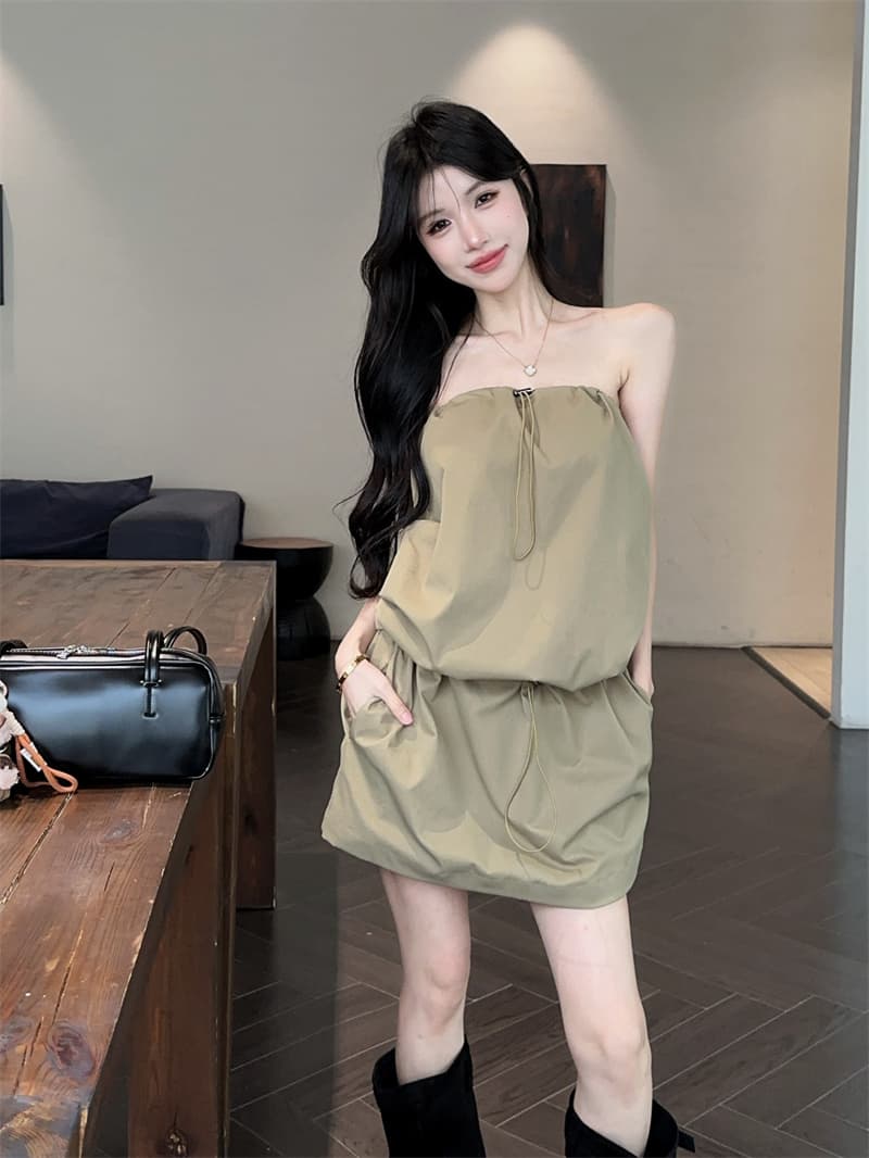 실사 아메리칸 핫걸 워크웨어 튜브탑 허리 수축 펌프 로프 다용도 품격 드레스 상세 이미지 11