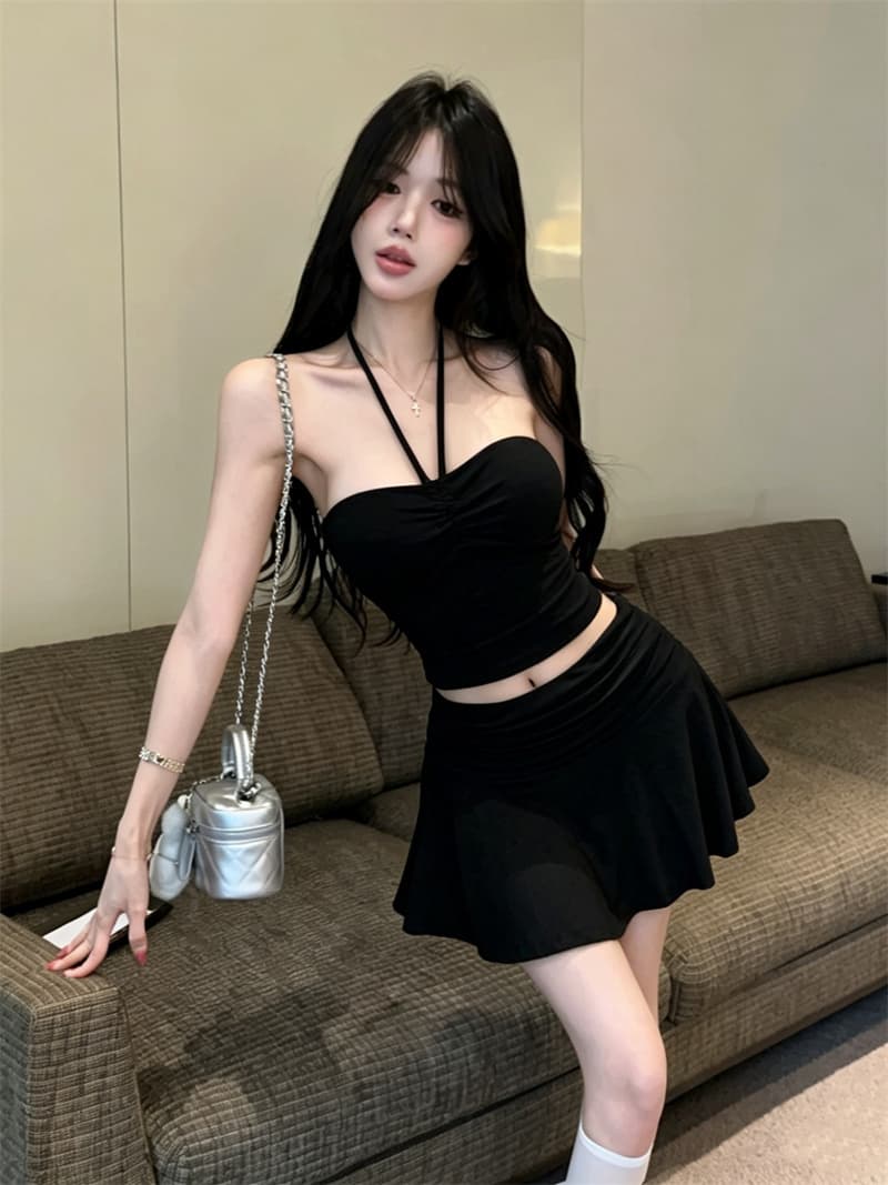 실사 순수한 욕망 소녀 레이스업 튜브탑 행침 목 캐미솔 하이웨이스트 반신 스커트 투피스 세트 상세 이미지 1