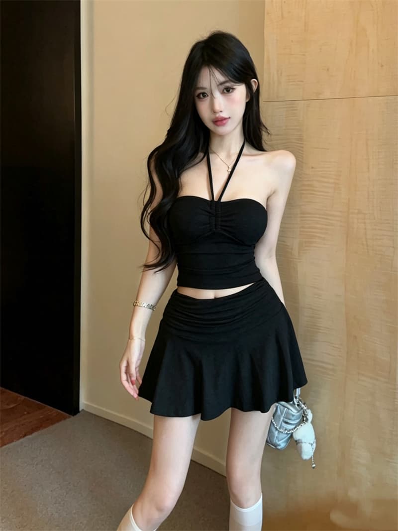 실사 순수한 욕망 소녀 레이스업 튜브탑 행침 목 캐미솔 하이웨이스트 반신 스커트 투피스 세트 상세 이미지 4