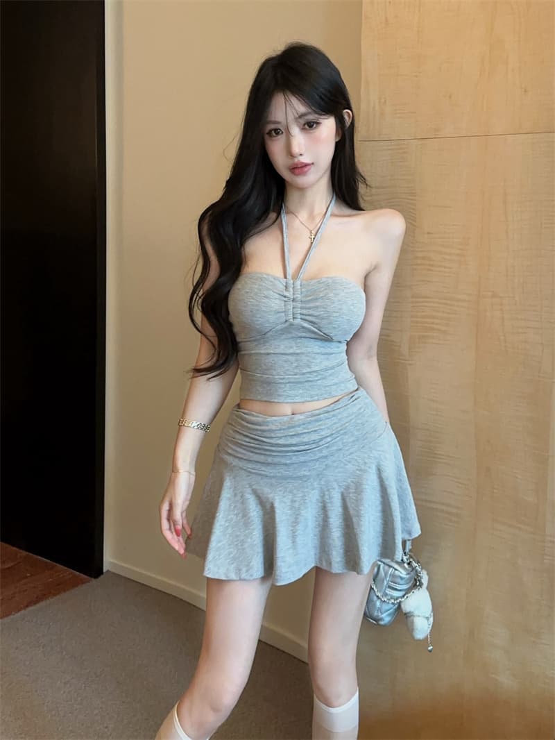 실사 순수한 욕망 소녀 레이스업 튜브탑 행침 목 캐미솔 하이웨이스트 반신 스커트 투피스 세트 상세 이미지 7