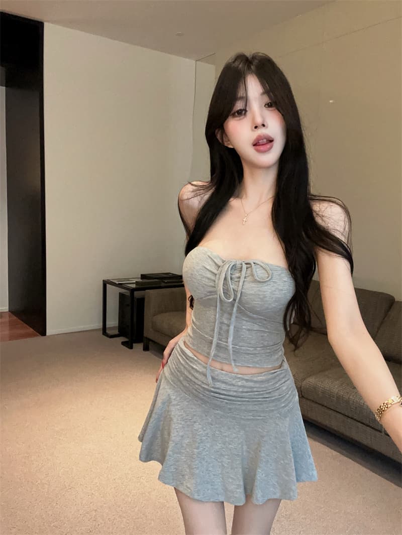 실사 순수한 욕망 소녀 레이스업 튜브탑 행침 목 캐미솔 하이웨이스트 반신 스커트 투피스 세트 상세 이미지 10