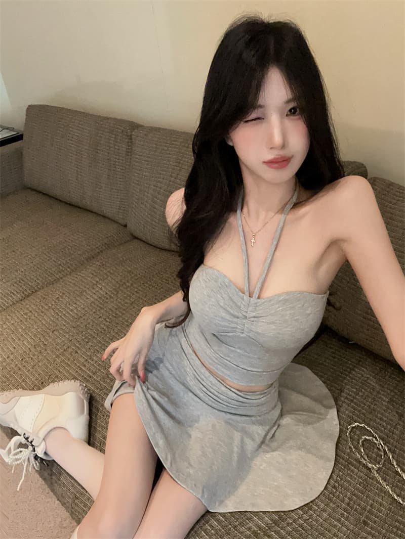 실사 순수한 욕망 소녀 레이스업 튜브탑 행침 목 캐미솔 하이웨이스트 반신 스커트 투피스 세트 상세 이미지 15