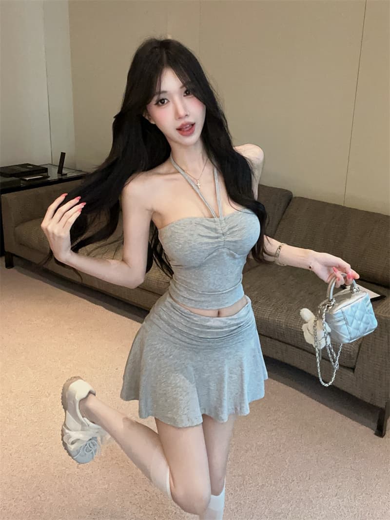실사 순수한 욕망 소녀 레이스업 튜브탑 행침 목 캐미솔 하이웨이스트 반신 스커트 투피스 세트 상세 이미지 17
