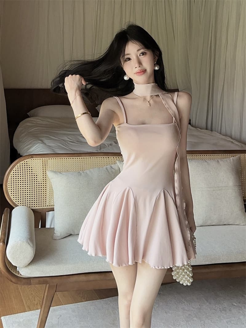 실사 부드러운 순수한 욕망 허리 수축 리본 슬립 미니 스커트 노출 방지 레깅스 투피스 세트 벨트 가슴 패드 상세 이미지 3