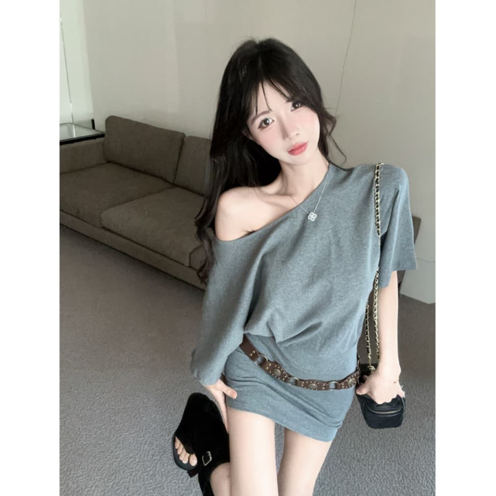 실사 회색 비스듬한 어깨 타이트 스커트 반팔 오프숄더 점프 슈트 치마 벨트 이미지 5