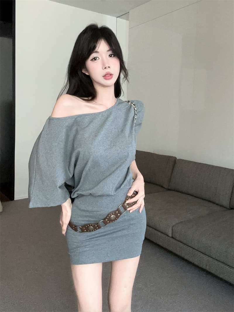 실사 회색 비스듬한 어깨 타이트 스커트 반팔 오프숄더 점프 슈트 치마 벨트 상세 이미지 3
