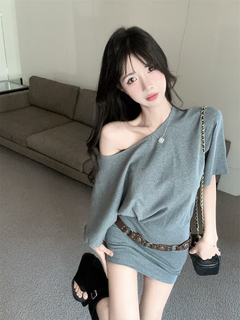 실사 회색 비스듬한 어깨 타이트 스커트 반팔 오프숄더 점프 슈트 치마 벨트 상세 이미지 5