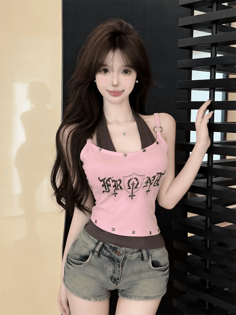 실사 페이크 레이어드 배색 알파벳 프린트 행침 목 슬림해 보이는 핫걸 캐미솔 맨위
