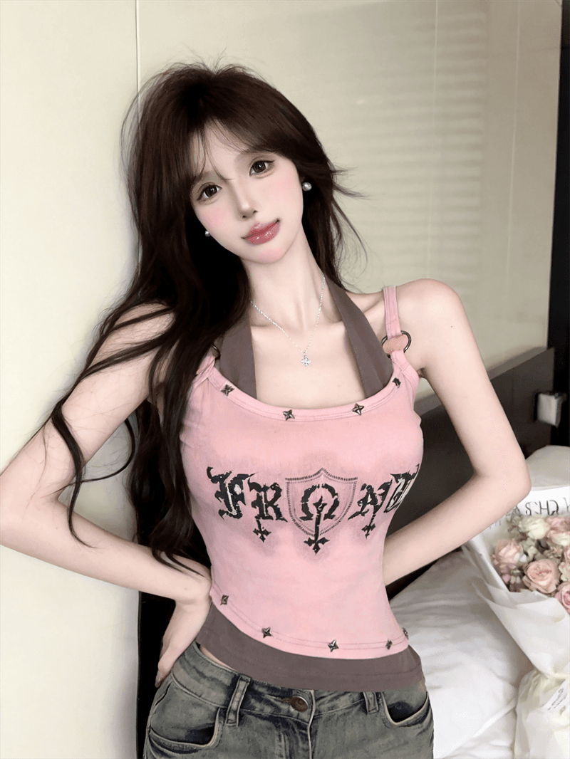 실사 페이크 레이어드 배색 알파벳 프린트 행침 목 슬림해 보이는 핫걸 캐미솔 맨위 상세 이미지 2