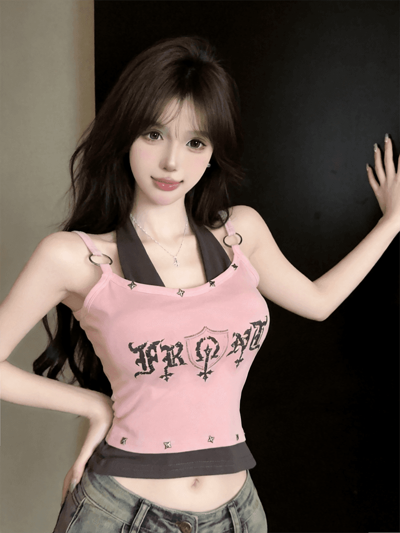 실사 페이크 레이어드 배색 알파벳 프린트 행침 목 슬림해 보이는 핫걸 캐미솔 맨위 상세 이미지 10