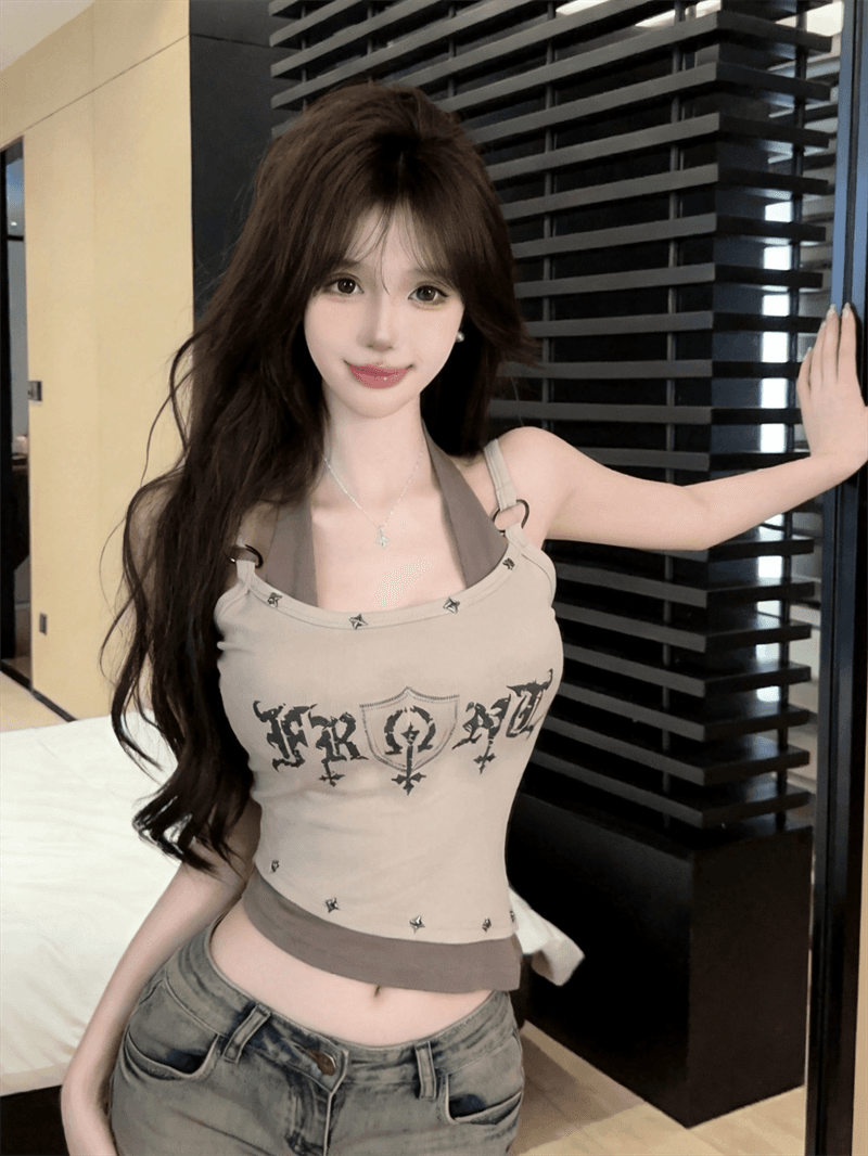 실사 페이크 레이어드 배색 알파벳 프린트 행침 목 슬림해 보이는 핫걸 캐미솔 맨위 상세 이미지 13