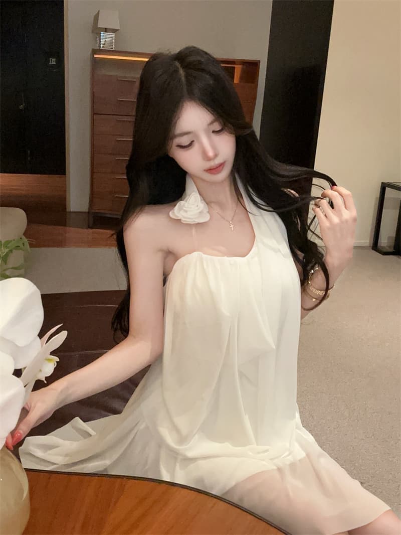 실사 프랑스식 망사 휴가 바람 꽃 슈퍼 요정 품격 행침 목 튜브탑 맨위 쇼트 스타일 반신 스커트 투피스 세트 상세 이미지 4
