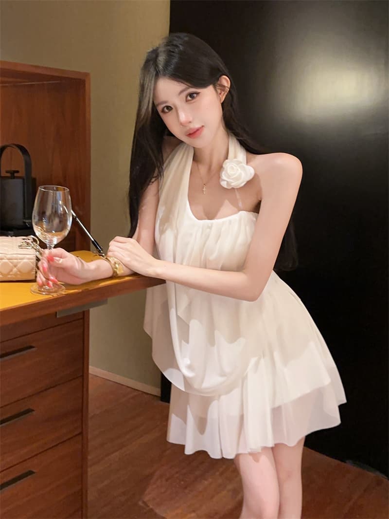 실사 프랑스식 망사 휴가 바람 꽃 슈퍼 요정 품격 행침 목 튜브탑 맨위 쇼트 스타일 반신 스커트 투피스 세트 상세 이미지 8