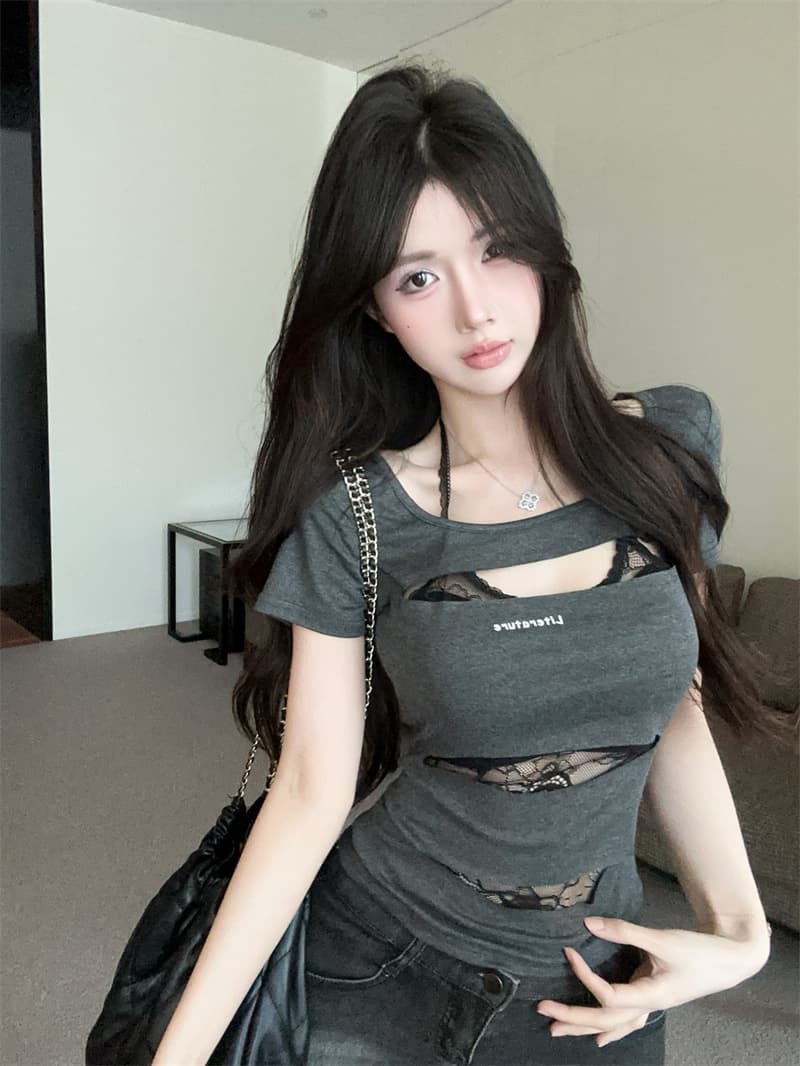 실사 페이크 레이어드 패치워크 레이스 행침 목 핫걸 긍정적 인 어깨 허리 수축 반팔 티셔츠 맨위