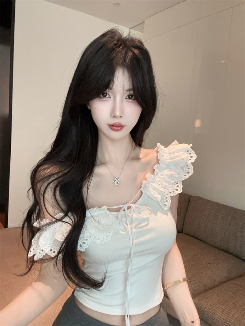 실사 오프숄더 패치워크 레이스 반팔 튜브탑 허리 수축 디자인 센스 타이트 순수한 욕망 바람 맨위 상세 이미지 7