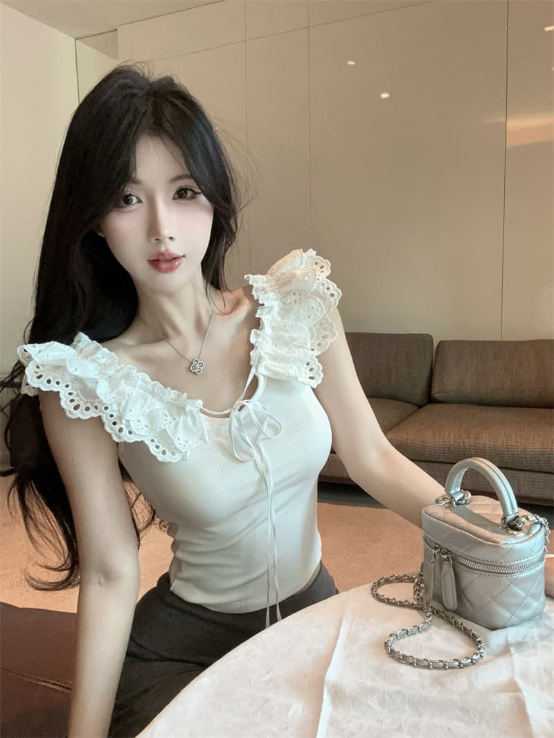 실사 오프숄더 패치워크 레이스 반팔 튜브탑 허리 수축 디자인 센스 타이트 순수한 욕망 바람 맨위 상세 이미지 10