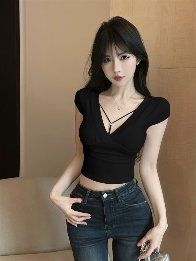 실사 순수한 욕망 바람 반팔 디자인 센스 핫걸 깊은 V 넥 미니멀리즘 티셔츠 맨위 상세 이미지 2