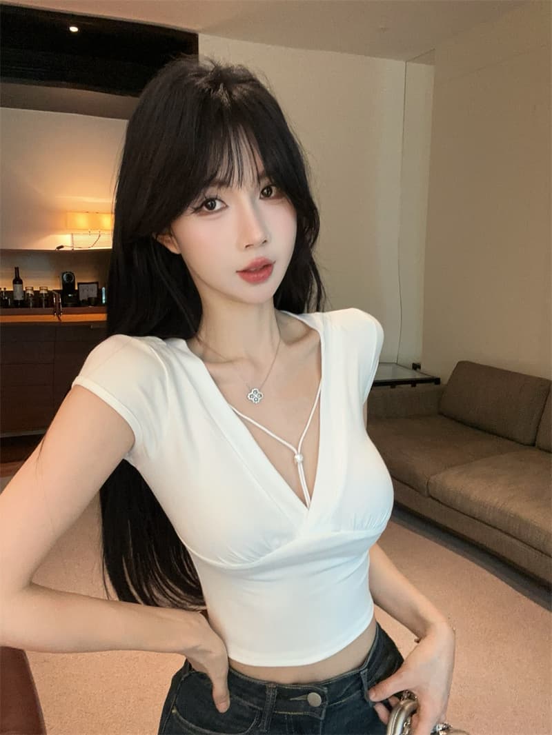실사 순수한 욕망 바람 반팔 디자인 센스 핫걸 깊은 V 넥 미니멀리즘 티셔츠 맨위 상세 이미지 12