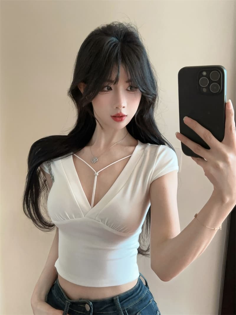 실사 순수한 욕망 바람 반팔 디자인 센스 핫걸 깊은 V 넥 미니멀리즘 티셔츠 맨위 상세 이미지 13