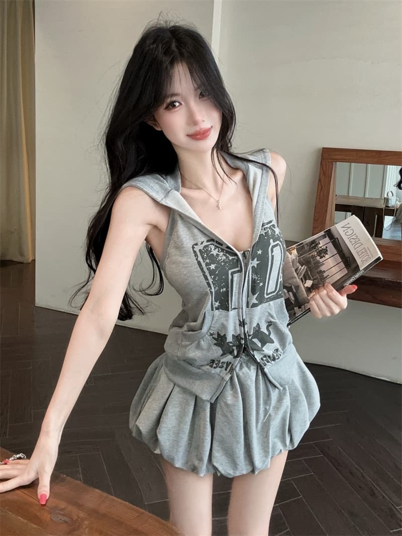 실사 아메리칸 알파벳 프린트 민소매 백리스 후드 조끼 맨위 꽃밭 짧은 바지 투피스 세트 이미지 2